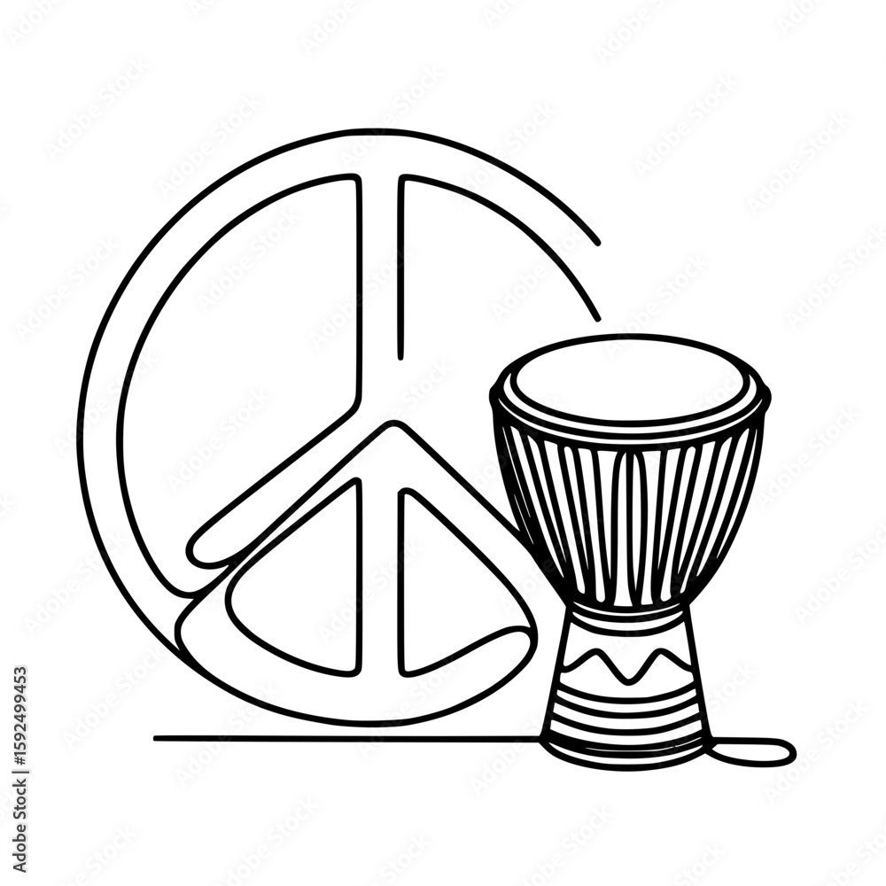 Poster peace symbol and drum in single line outline vector style