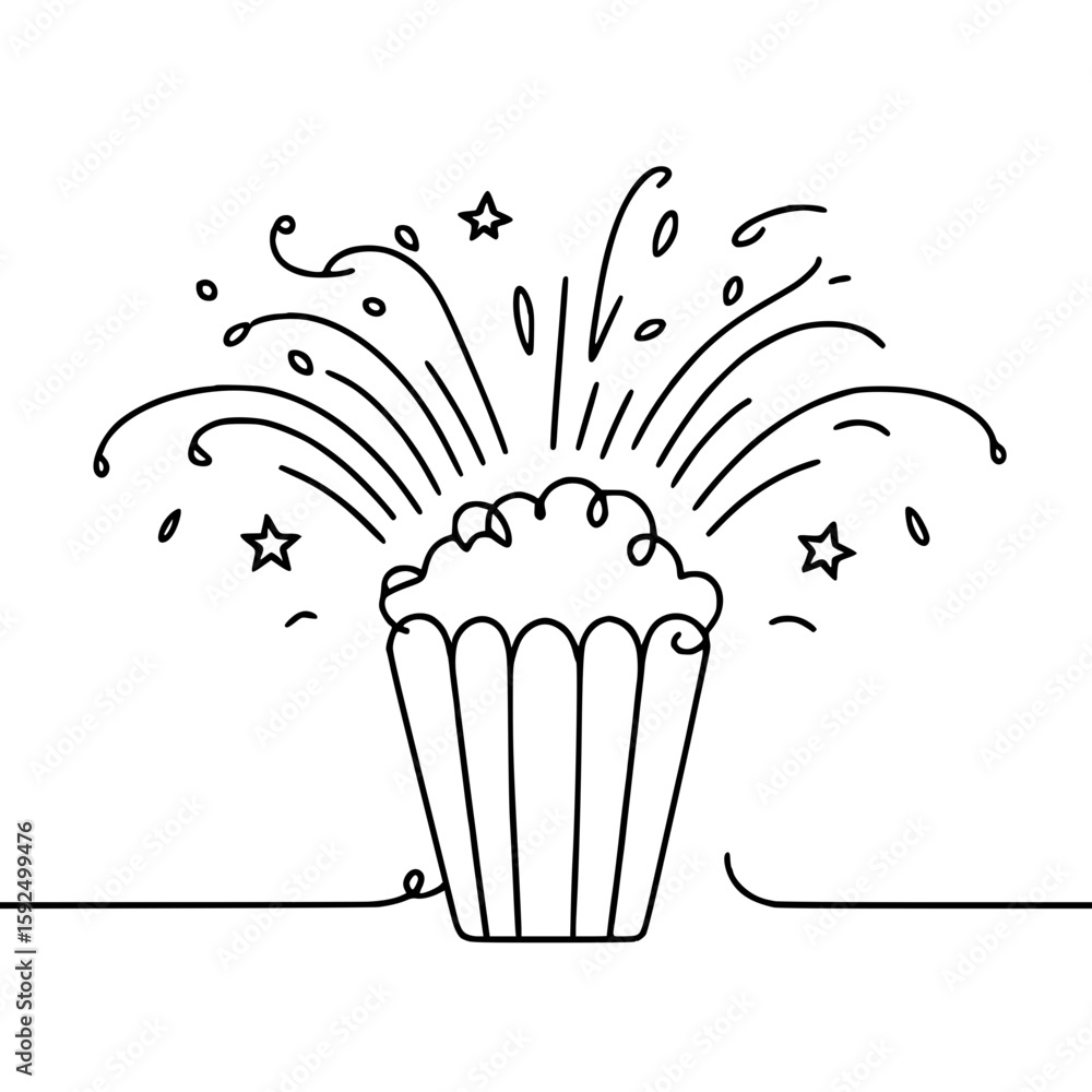 Aufkleber popcorn with sparks and stars in single line outline vector style