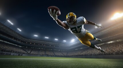 Dynamic football player catching the ball during a game in the stadium. His athleticism, determination, and skillful play are showcased under the bright stadium lights.