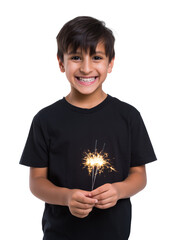 Hispanic boy holding lit sparkler with big smile wearing black t-shirt celebrating festive event isolated on transparent background. 