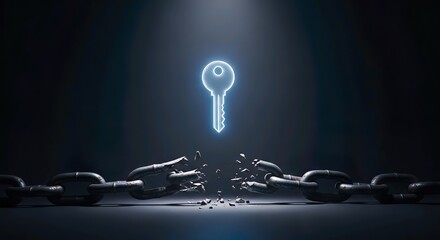 Key unlocking broken chain freedom and digital security concept