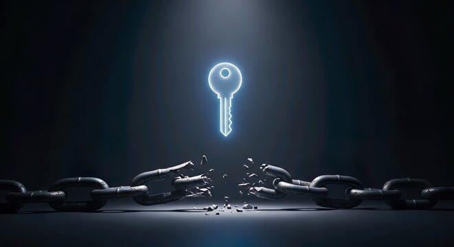 Key unlocking broken chain freedom and digital security concept