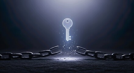 Glowing Key Breaking Metal Chain Symbolizing Freedom and Opportunity