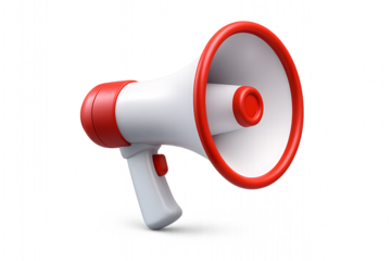 3d rendering of a white and red megaphone isolated on transparent background