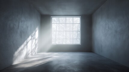 Sunlight streaming through a window illuminating an empty room, creating a play of light and shadow on the rough textured walls. The room exudes a sense of stillness and anticipation.