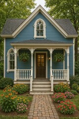 Victorian blue cottage with white decorative trim and front porch.