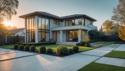 Modern suburban house showcases its expansive glass and contemporary architectural design, creating a high fidelity living experience.