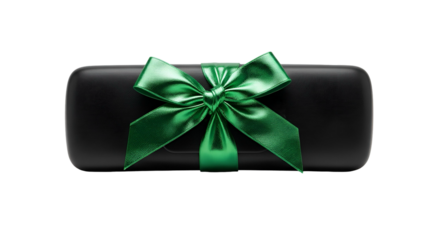Black Gift Box with Green Ribbon Bow Sits Centered on Transparent Background Isolated