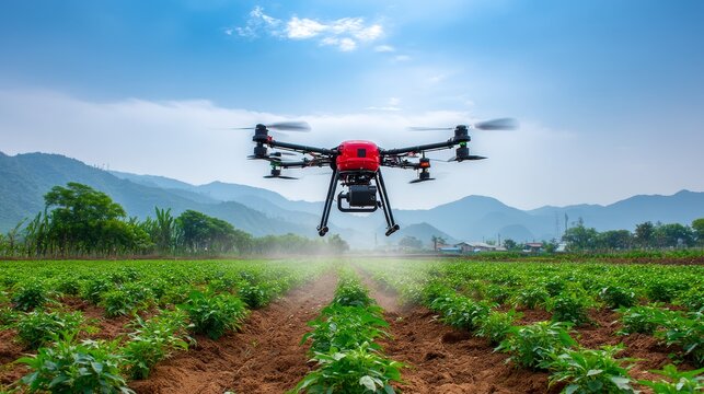 Drone in agriculture, aerial view of crop fields for precision farming and farm automation