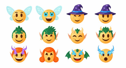Fantasy Emoji Set: Fairy, Wizard, Elf, Devil, and Dragon Emoticons with Expressive Faces
