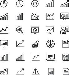 Data Analytics Vector Icon Set with Adjustable Line Weight Featuring Charts, Graphs, Analysis, Reports, Growth Trends, Statistics, Dashboards, and Infographic Element 
