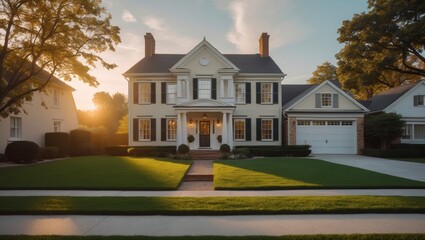 A calm resident enjoys their beautiful colonial style house with a well maintained lawn on a sunny day in a peaceful suburban neighborhood.
