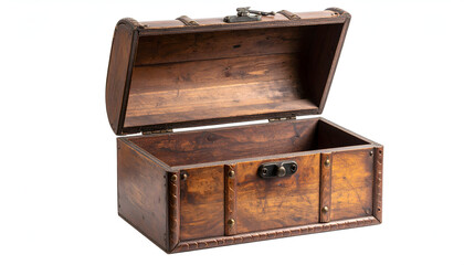 Open Antique Wooden Chest on White Background