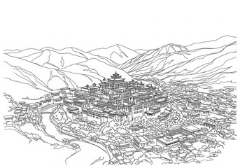 Obraz premium Shangri-la (香格里拉) in China one line drawing style