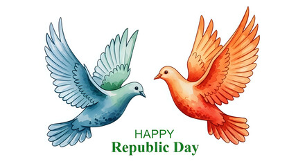 Obraz premium Two colorful doves grace a Happy Republic Day greeting, symbolizing peace and freedom with their vibrant plumage against a clean, transparent background, radiating optimism.