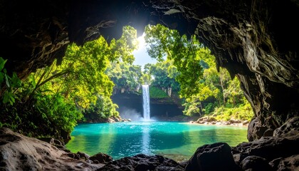 Lush waterfall in a cave opening