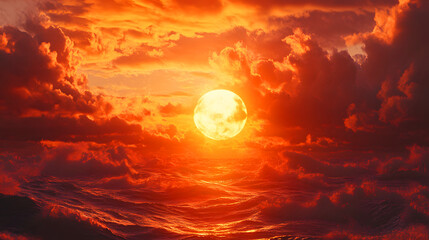 Vivid sunset above the ocean a fiery sky with clouds reflecting the sun's warm hues.