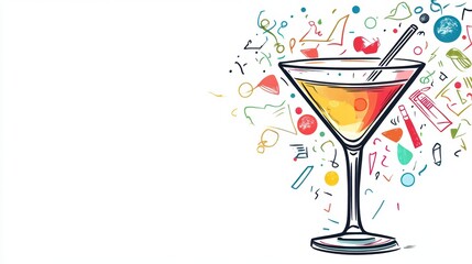 Colorful cocktail illustration with abstract shapes and doodles.