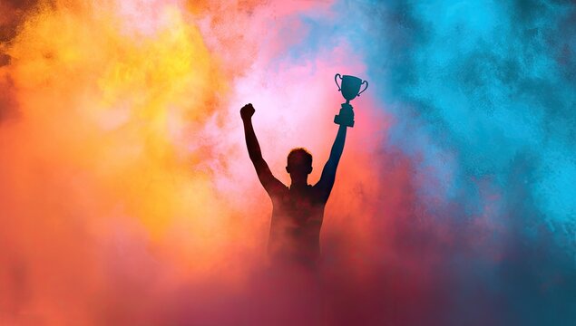 Silhouetted winner in colorful smoke