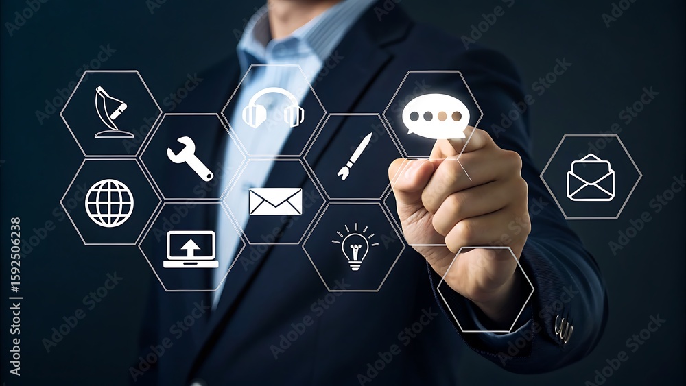 Poster innovating business concepts: a man interacting with virtual icons displaying communication, technol