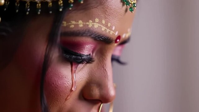 Close-up portrait of a bride, adorned in traditional South Asian jewelry, with tears streaming down her face.
