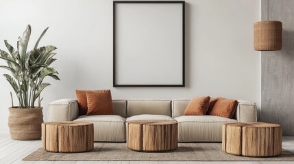 Beige couch and wooden coffee tables in a modern living room.