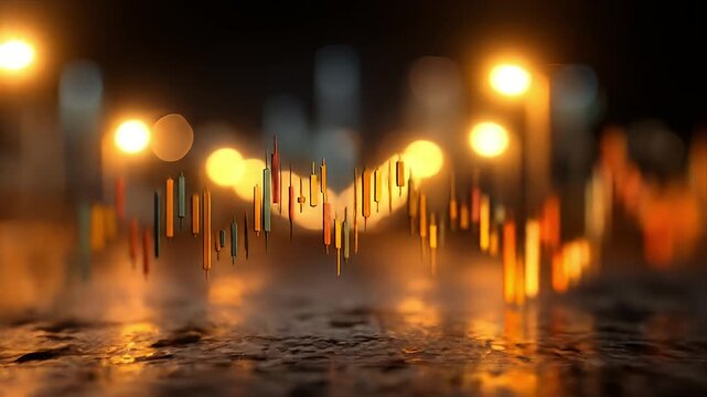 Candle chart against bokeh lights on dark surface