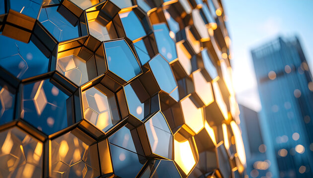Hexagonal Glass Building Facade at Sunset