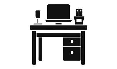 Simple black and white icon of a modern desk setup