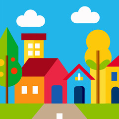 A vibrant cartoon street scene with colorful houses, trees, and a blue sky vector landscape natural background.