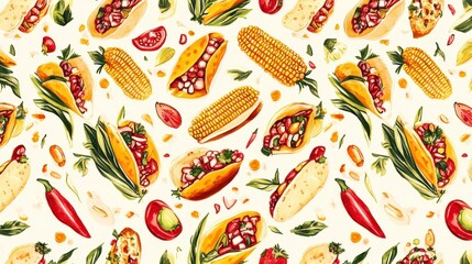 Watercolor seamless pattern of tacos, corn, and chili peppers.