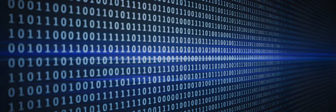 Digital data stream of binary code 0s and 1s flowing across a dark blue technological background with light effects