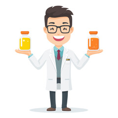 Smiling scientist presents two vials of different colored liquids.