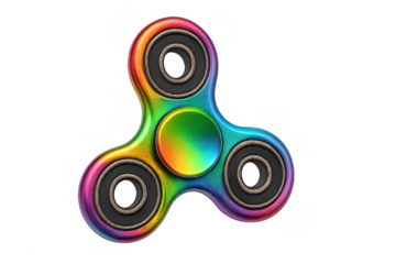 Metallic-bearing fidget spinner rotating dynamically, casting colorful reflections across transparent surface with fluid motion