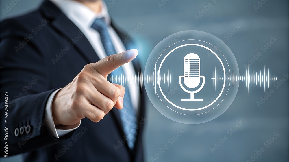 Poster man touching microphone audio waveform on virtual interface, concept for voice assistance technology