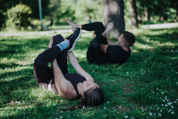 A couple performs outdoor exercises on green grass in a sunny park, promoting health and fitness in...