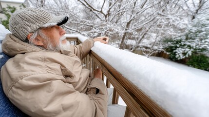 Man enjoying snowy winter day on porch