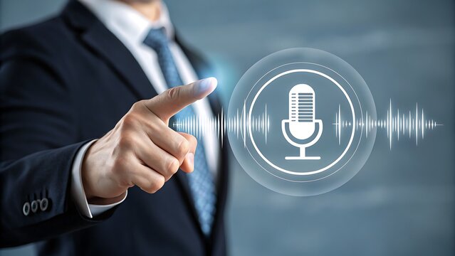 Man Touching Microphone Audio Waveform on Virtual Interface, Concept for Voice Assistance Technology and Communication Innovations. - Powered by Adobe