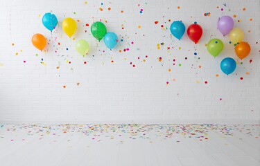 Colorful balloons and confetti on a white wall and floor