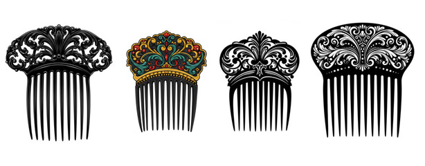 A collection of ornamental hair combs showcases ornate designs suitable for vintage fashion, hairstyling, and historical themes.