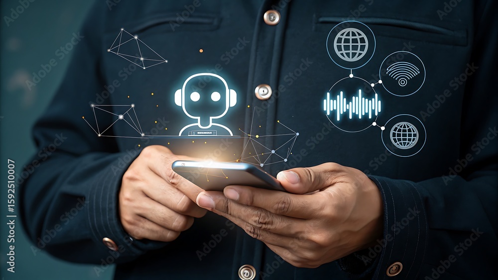 Poster man using mobile device with digital assistant, showcasing technological advancement, communication 