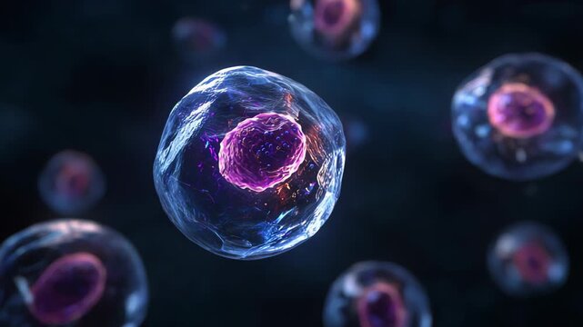 Single isolated cell floats in deep blue background, glowing nucleus visible inside. Concept of origin of life and scientific purity
