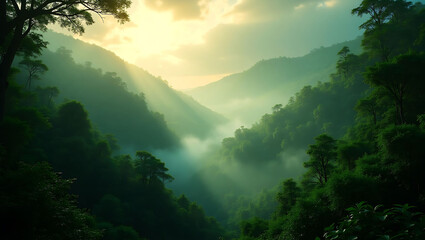 Lush Green Mountain Valley bathed in morning light