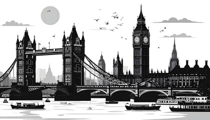 Obraz premium Monochrome London Cityscape: Tower Bridge, Big Ben, and River Thames