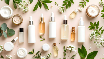 Organic Skincare Product Flatlay with Flowers and Greenery