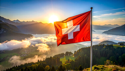 Swiss Flag at Sunrise Over Foggy Mountain Valley