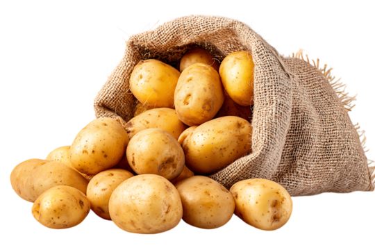Fresh potatoes in burlap sack