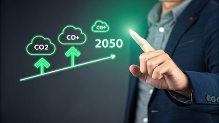 Projecting Carbon Reduction Targets: Man Interacting with a Digital Interface Displaying CO2 Emissions Trajectory to the Year 2050.