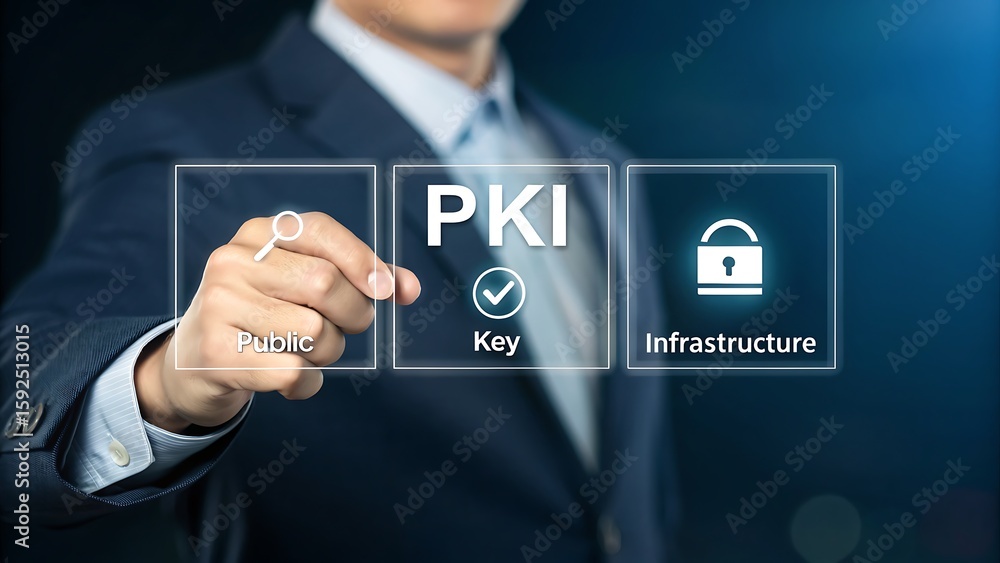 Poster public key infrastructure technology displayed on digital touchscreen interface concept with busines