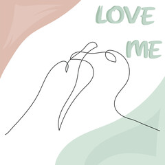 Obraz premium Minimalist Line Art of two birds in a breeding display with Love Me Quote vector illustration.